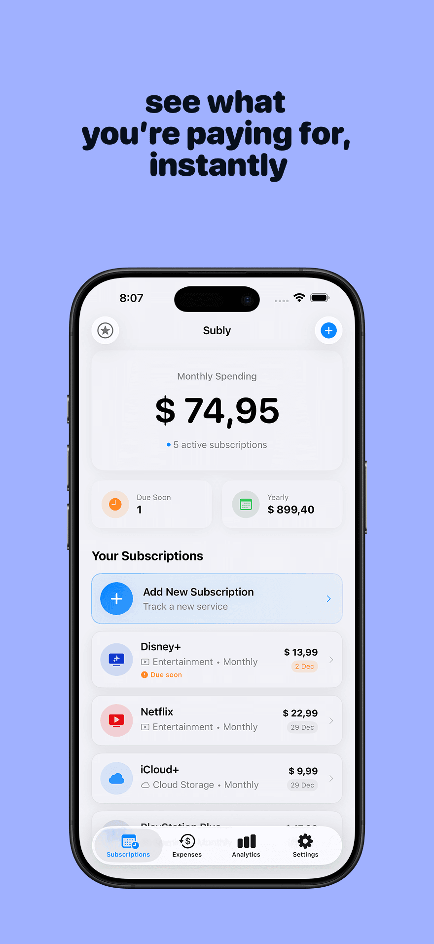 Subly App Screenshot - Subscriptions Overview